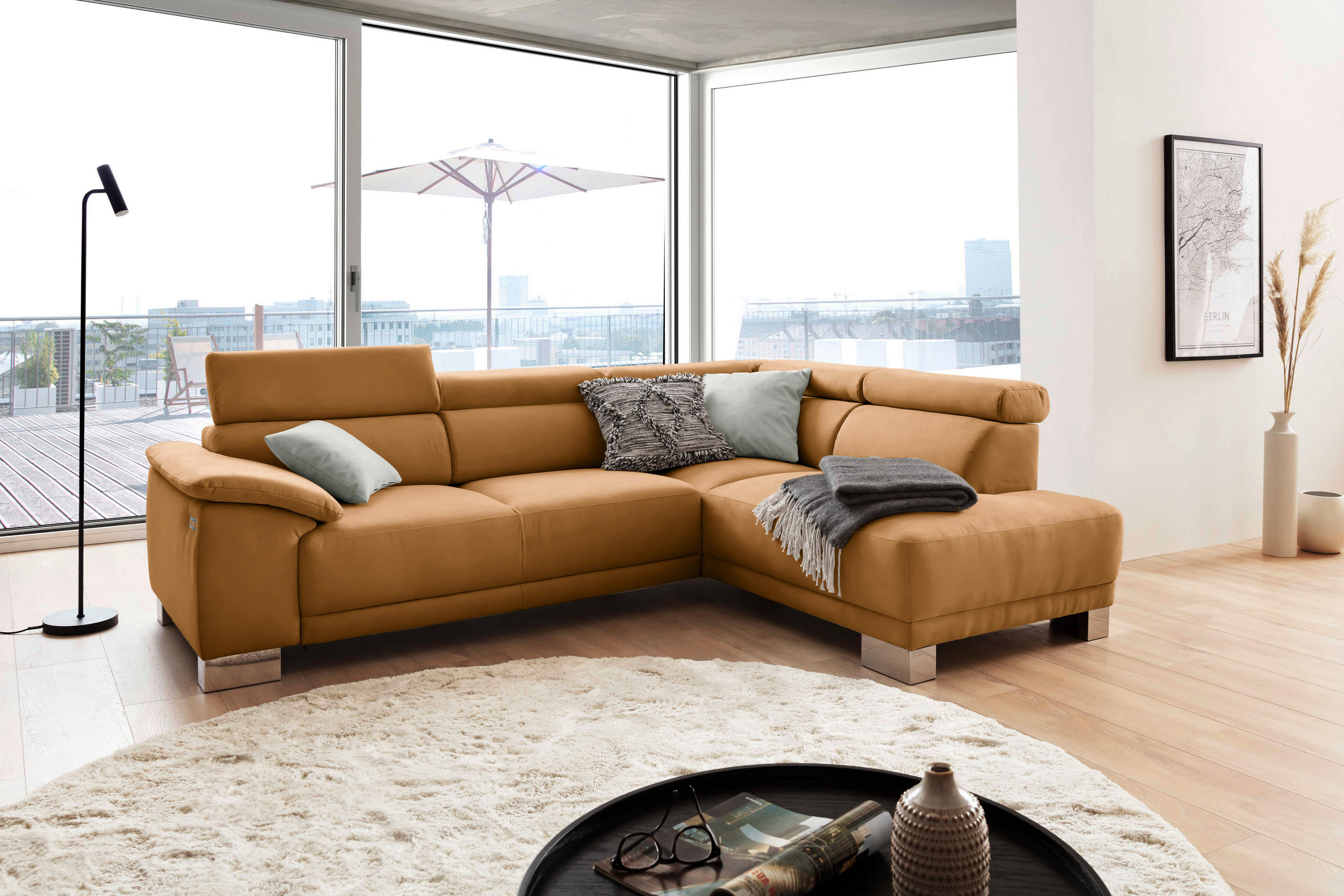 ECKSOFA in Mikrofaser Gelb, Orange  - Chromfarben/Gelb, Design, Holz/Textil (270/205cm) - Pure Home Lifestyle