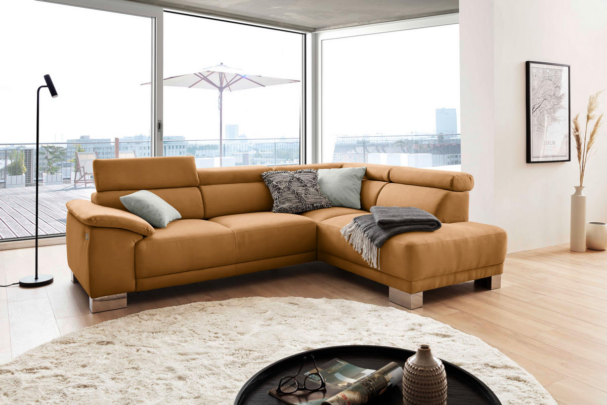 ECKSOFA in Mikrofaser Gelb, Orange  - Chromfarben/Gelb, Design, Holz/Textil (270/205cm) - Pure Home Lifestyle