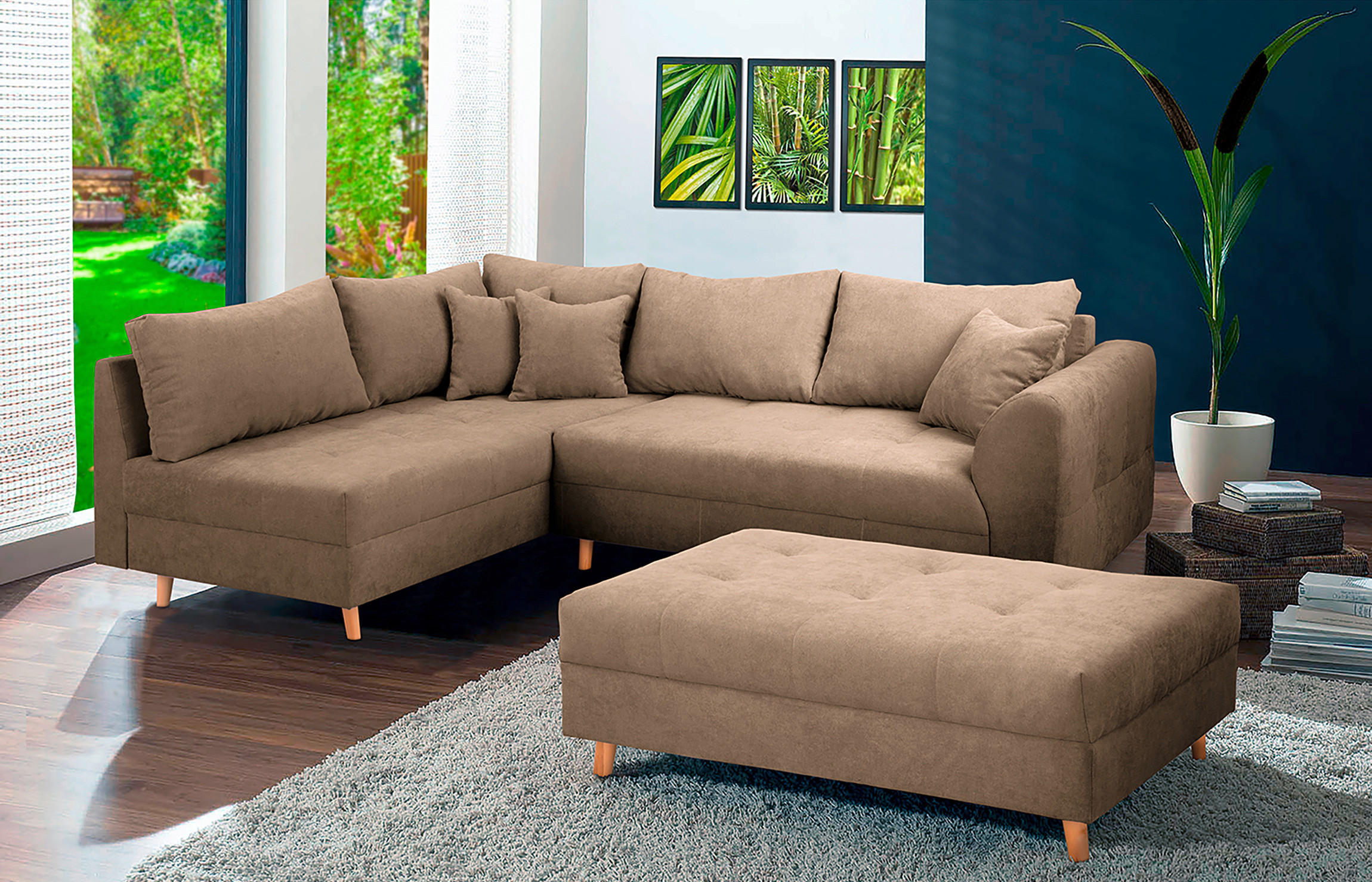 ECKSOFA inkl. Hocker Ariella Beige Mikrofaser  - Beige/Naturfarben, Design, Holz/Textil (161/231cm) - Livetastic