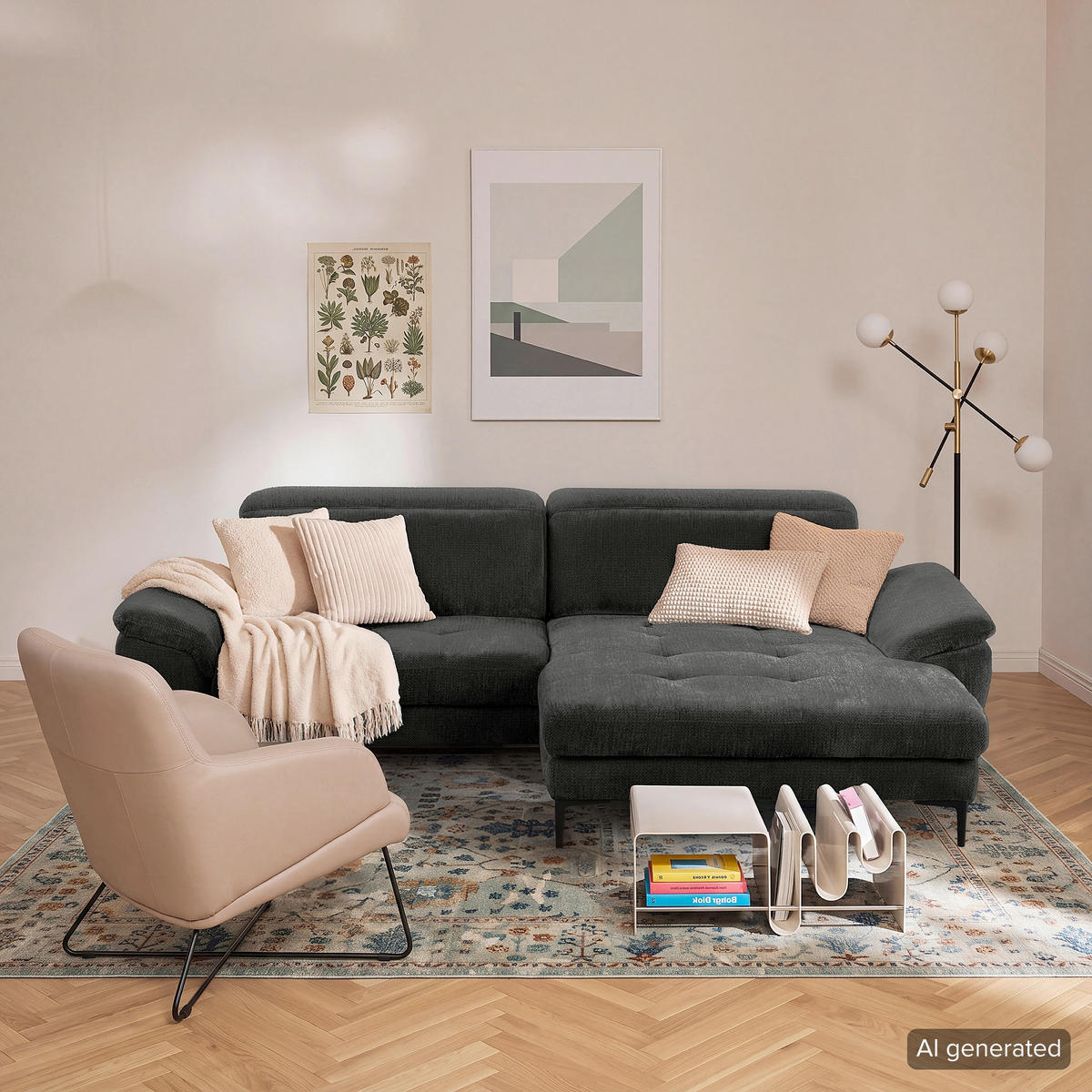 ECKSOFA  Webstoff Schwarz  - Schwarz, Design, Textil/Metall (268/195cm) - Livetastic