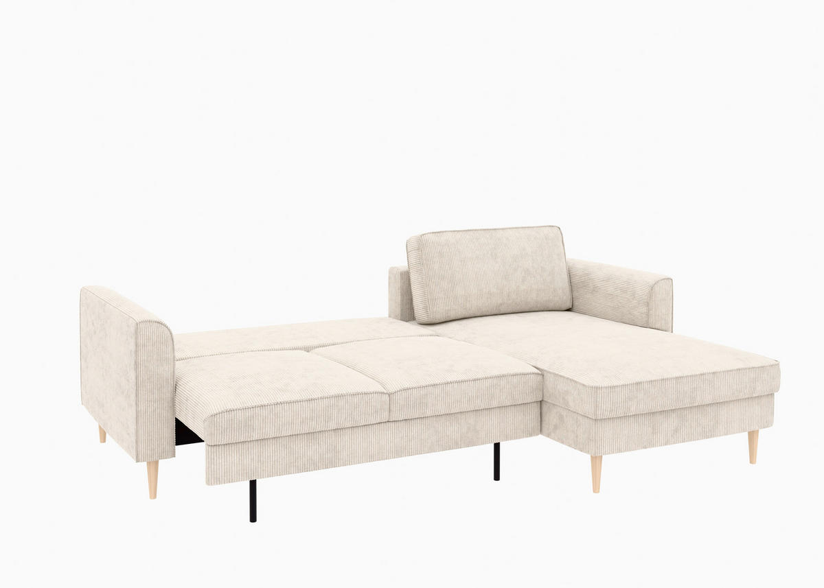 ECKSCHLAFSOFA  mit Bettkasten erhältlich, Sitzqualitäten, Schlafen auf Sitzhöhe, Bettfunktion erhältlich, Rücken echt, Armteil links, Armteil rechts Cord Creme  - Buchefarben/Creme, MODERN, Holz/Textil (232/161cm) - Trendmanufaktur