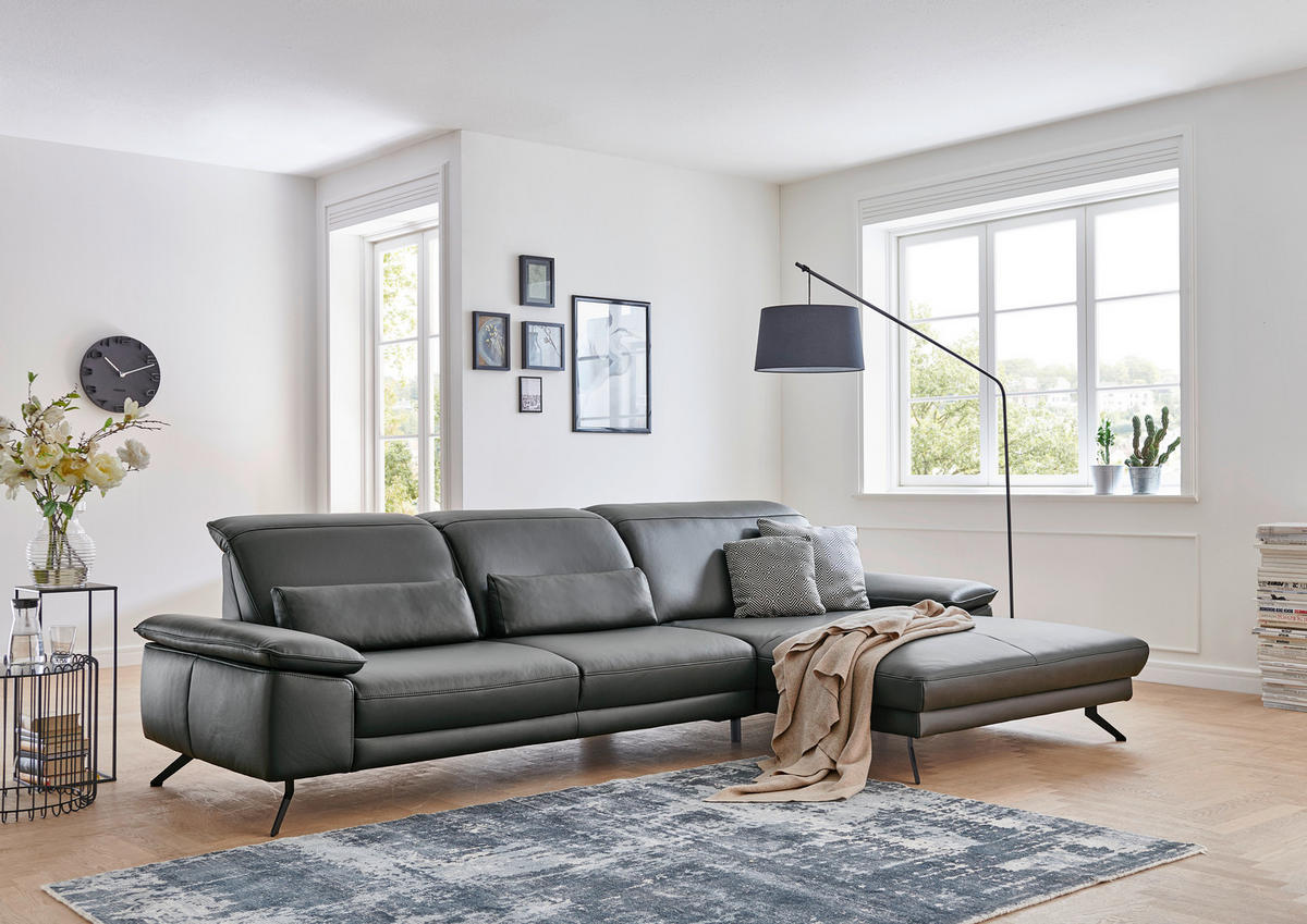 ECKSOFA in Echtleder Anthrazit  - Anthrazit/Schwarz, Design, Leder/Metall (328/193cm) - Dieter Knoll