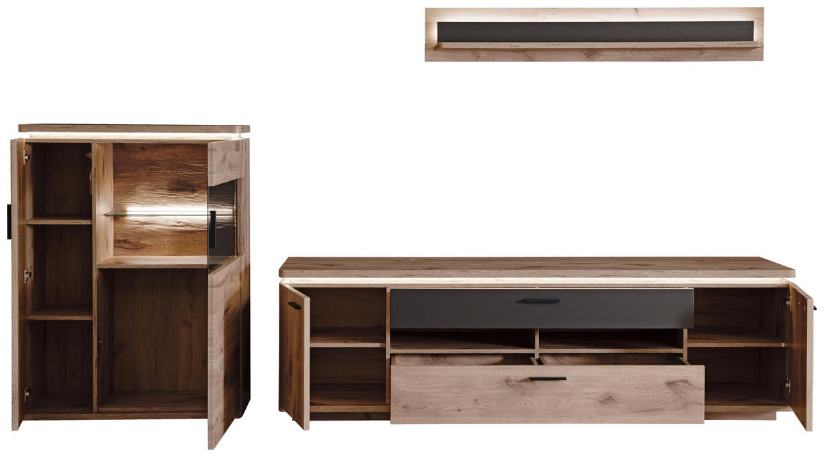 WOHNWAND 3-teilig  in Anthrazit, Eiche dunkel 310/181/50 cm  - Eiche dunkel/Anthrazit, Konventionell, Glas/Holzwerkstoff (310/181/50cm) - Cantus
