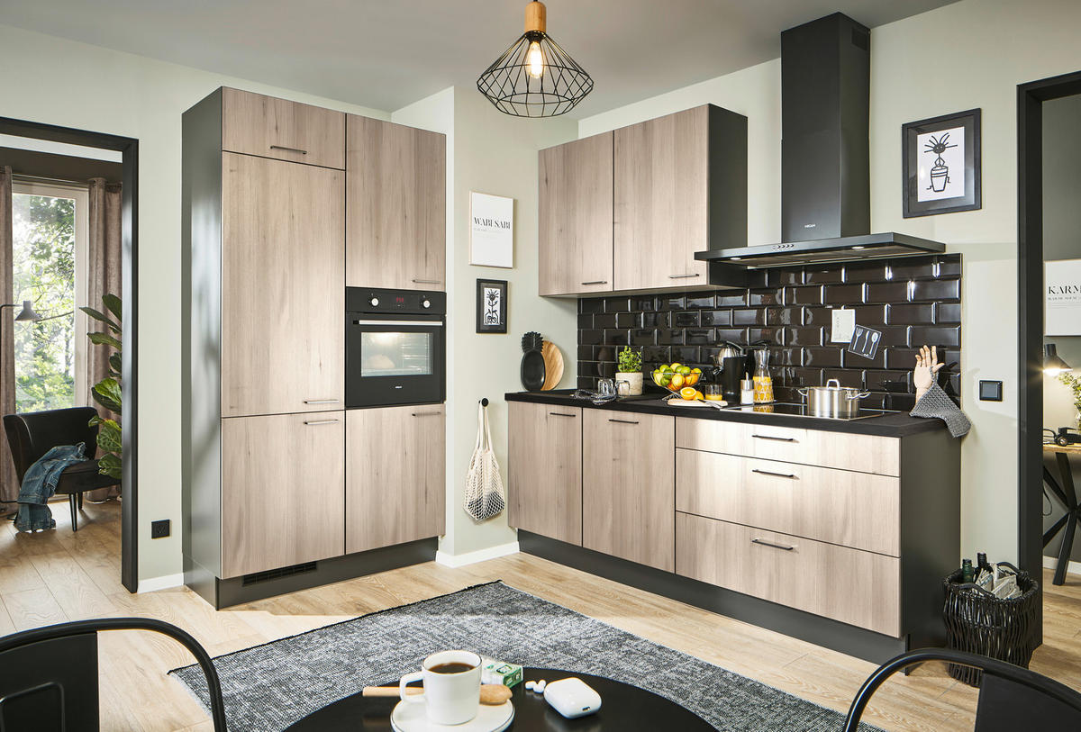 ECKKÜCHE 120/220 cm  in Graphitfarben, Schwarz, Tannenholzfarben  - Chromfarben/Tannenholzfarben, Design, Holzwerkstoff/Metall (120/220cm) - Xora