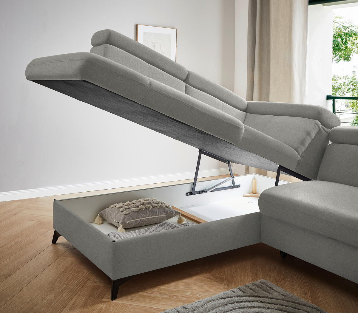 ECKSOFA in Mikrofaser Hellgrau  - Hellgrau/Schwarz, Design, Textil/Metall (203/260cm) - Stylife