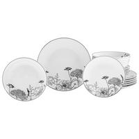 TAFELSERVICE Schwarz, Grauweiß 18-teilig Luna Black flower  - Grauweiß/Schwarz, Basics, Keramik - Creatable