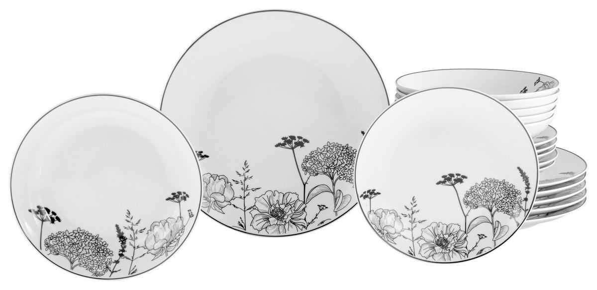 TAFELSERVICE Schwarz, Grauweiß 18-teilig Luna Black flower  - Grauweiß/Schwarz, Basics, Keramik - Creatable