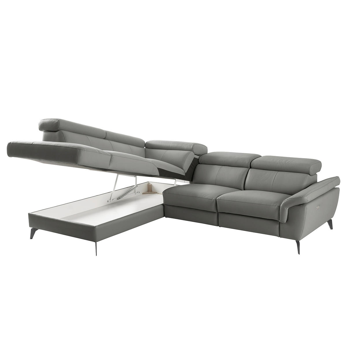 ECKSOFA SONO in Lederlook Echtleder Anthrazit Bettkasten, Armteilverstellung, Kopfteilverstellung  210/265 cm  - Anthrazit/Schwarz, Design, Leder/Textil (210/265cm) - Livetastic
