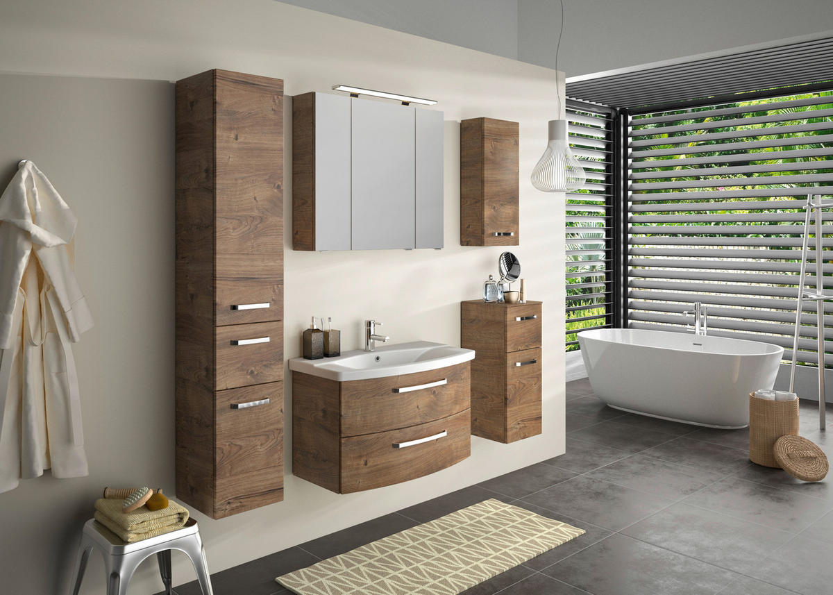 BADEZIMMER 3-teilig  in 84 cm  - Eiche dunkel/Chromfarben, MODERN, Glas/Keramik (84cm) - Sadena
