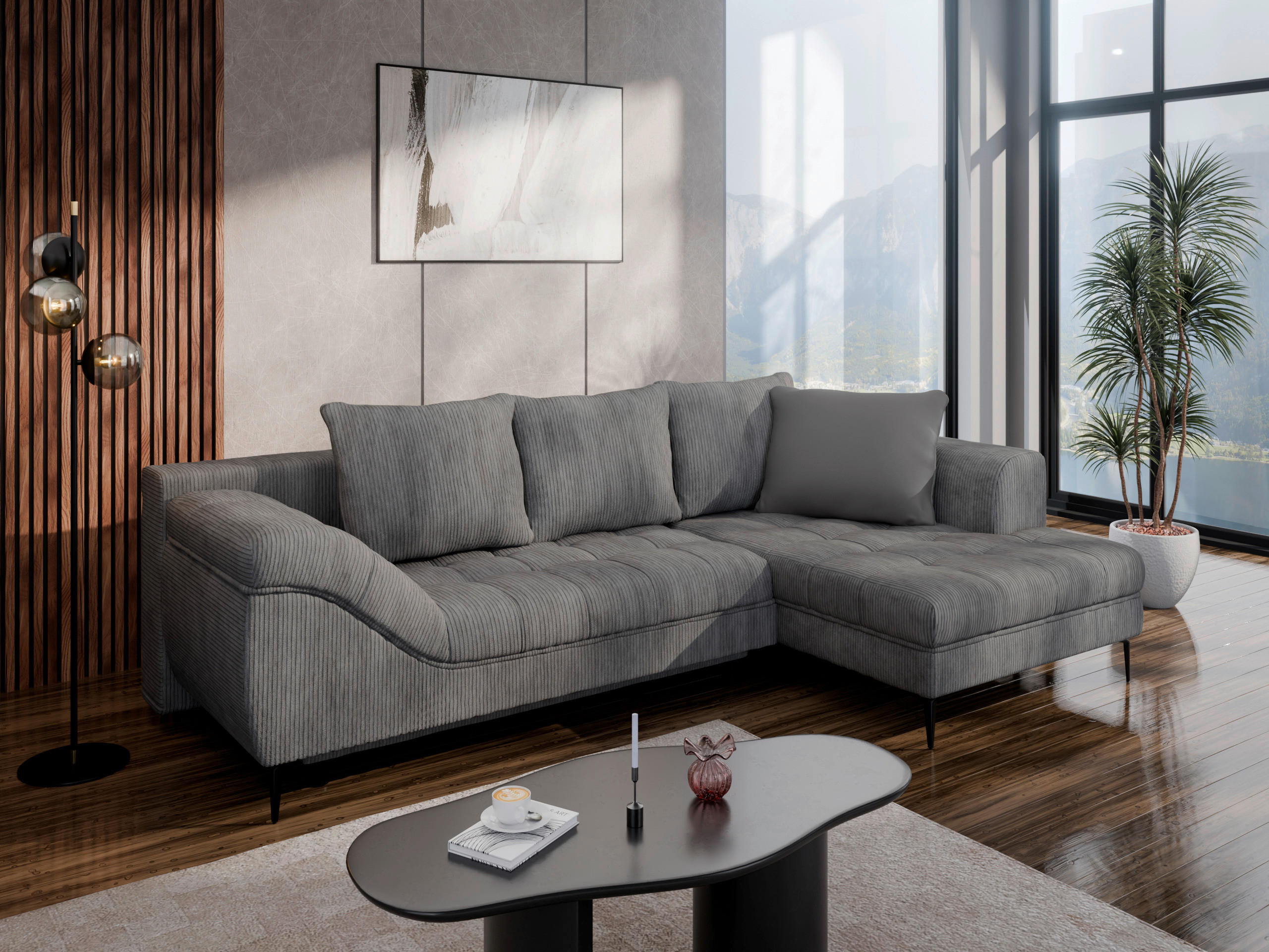 ECKSOFA  in Cord Dunkelgrau  - Dunkelgrau/Schwarz, Design, Kunststoff/Textil (177/276cm) - MID.YOU