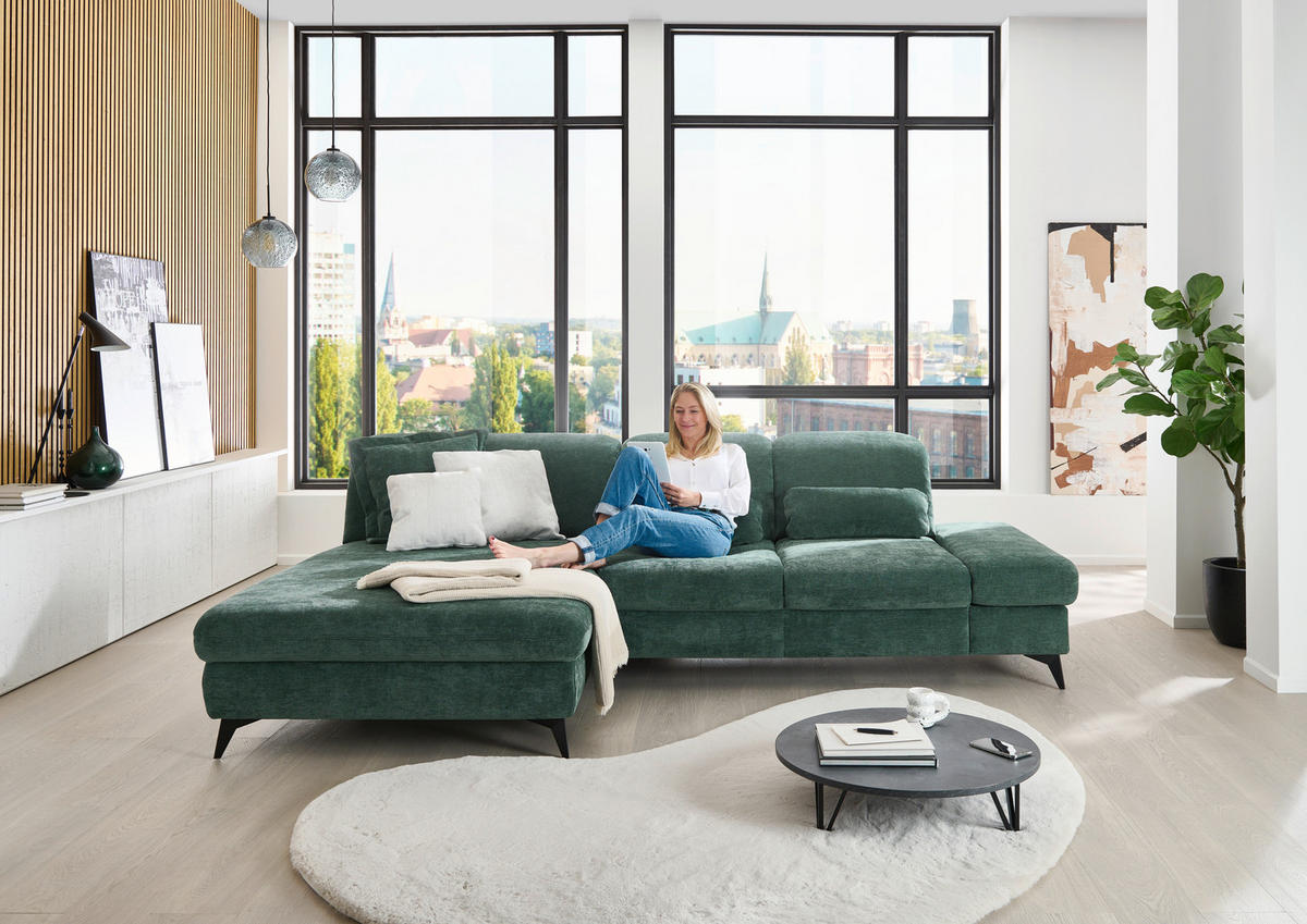 ECKSOFA Dunkelgrün Chenille  - Dunkelgrün/Schwarz, Design, Textil/Metall (198/288cm) - Beldomo Style