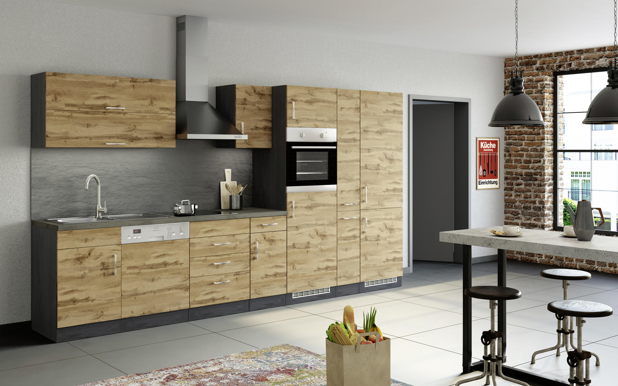 KÜCHENBLOCK 360 cm in Eichefarben - Eichefarben/Anthrazit, MODERN (360cm) - Held