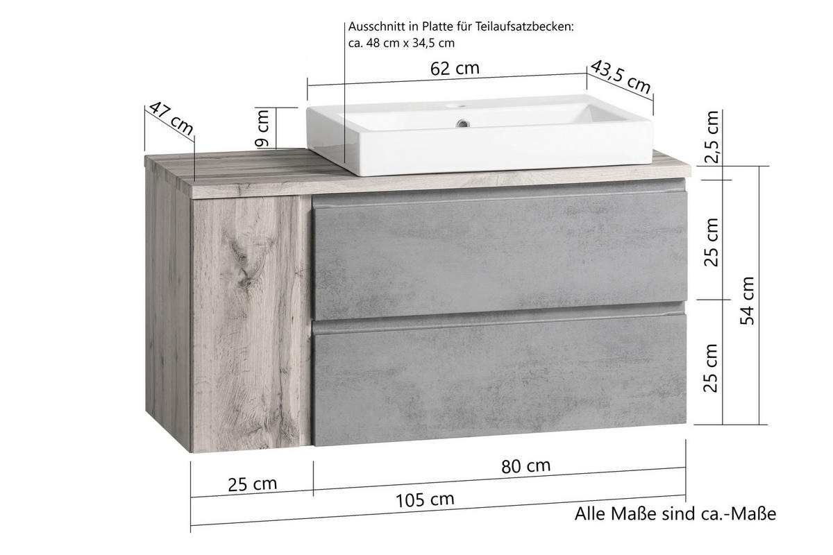 WASCHTISCHKOMBI 105 cm  - Eiche Wotan/Weiß, MODERN, Keramik/Holzwerkstoff (105cm) - Held