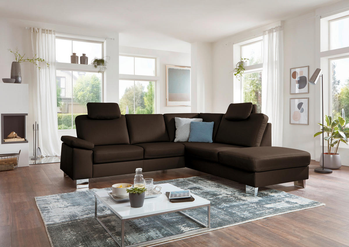 ECKSOFA  in Echtleder Dunkelbraun  248/235 cm  - Dunkelbraun/Alufarben, Design, Leder/Metall (248/235cm) - Beldomo Premium