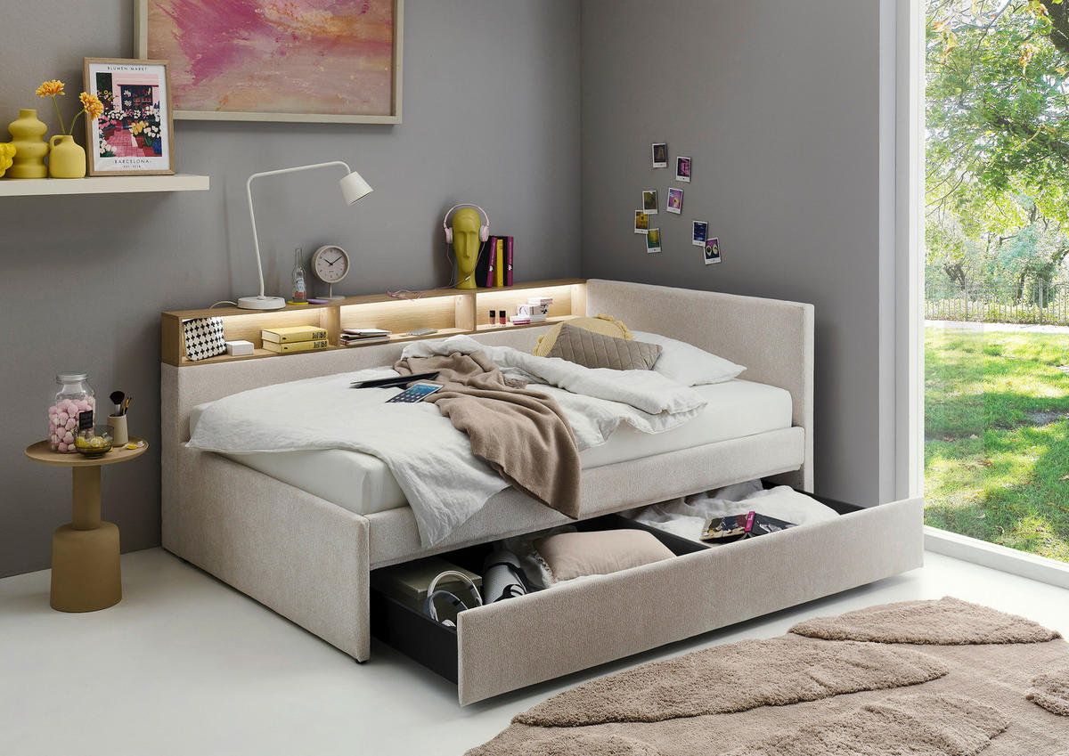 STAURAUMBETT 120/200 cm  in Eichefarben, Beige  - Eichefarben/Beige, MODERN, Holz/Holzwerkstoff (120/200cm) - Stylife
