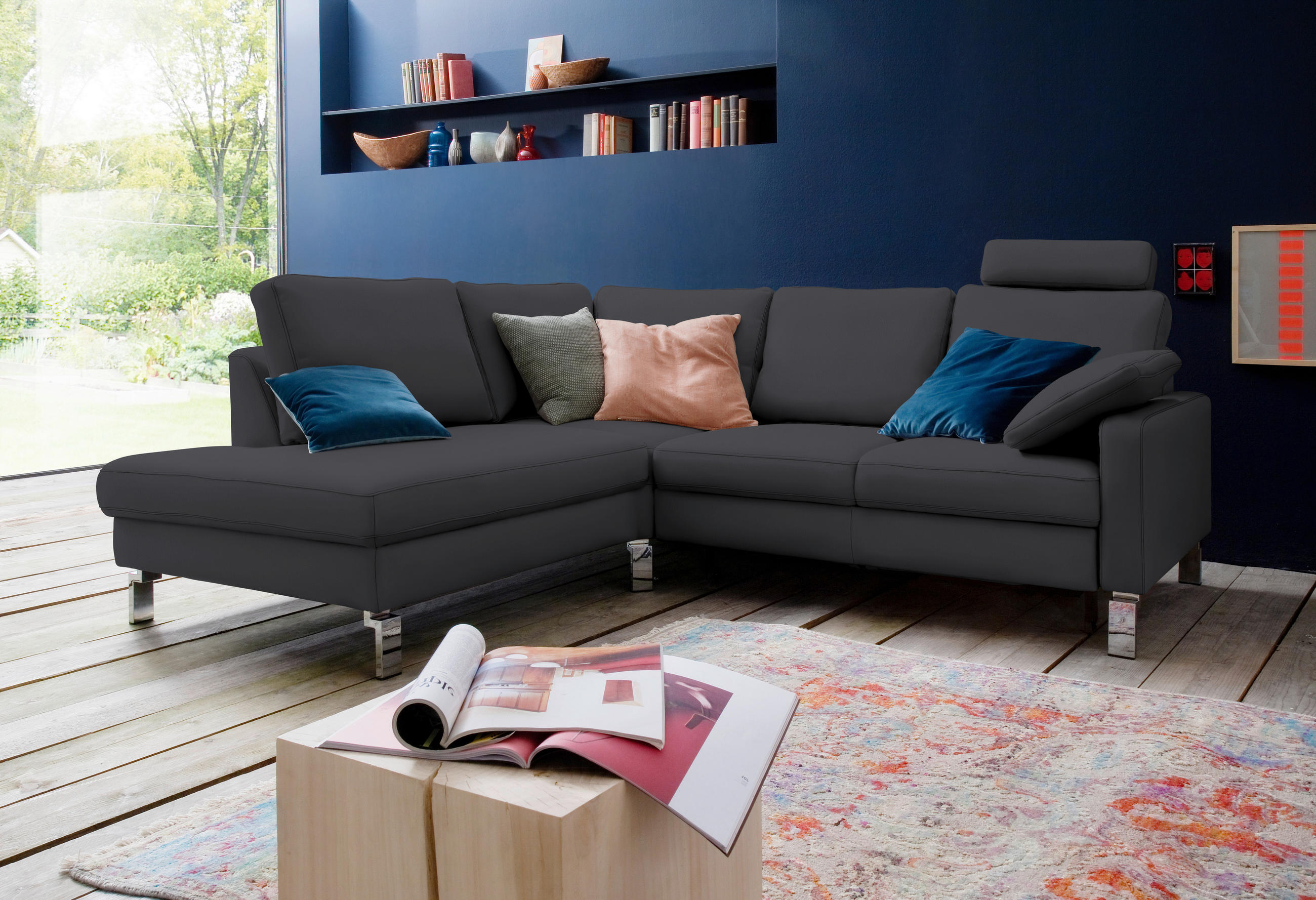ECKSOFA in Echtleder Dunkelgrau  - Chromfarben/Dunkelgrau, Design, Leder/Metall (200/281cm) - Pure Home Lifestyle