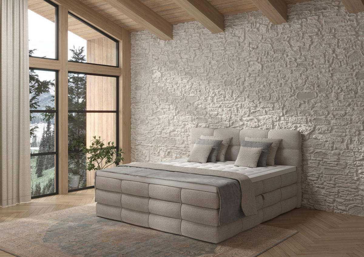 BOXSPRINGBETT 160/200 cm,  in Elfenbein, gepolstertes Kopfteil, Bettkasten, Topper, Matratzen, H3 + H3 = fest  - Elfenbein/Schwarz, Design, Kunststoff/Textil (160/200cm) - Chameo