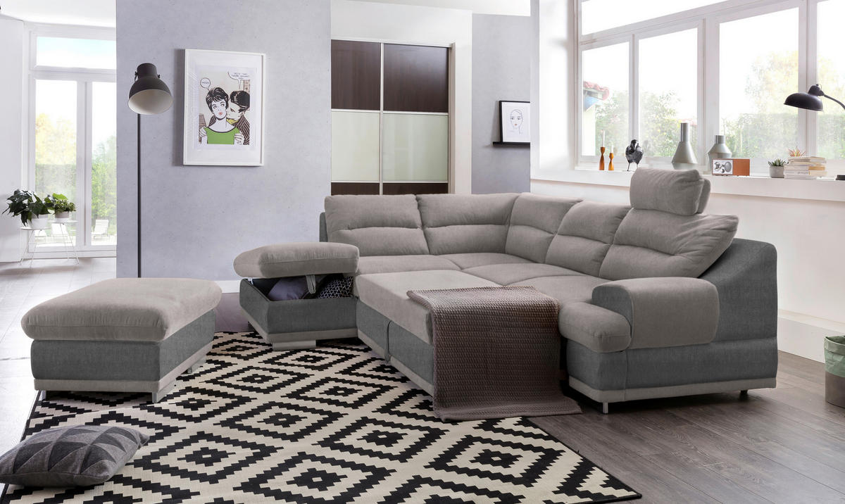 WOHNLANDSCHAFT in Velours Grau, Hellgrau  - Chromfarben/Hellgrau, Konventionell, Textil/Metall (217/264cm) - MID.YOU