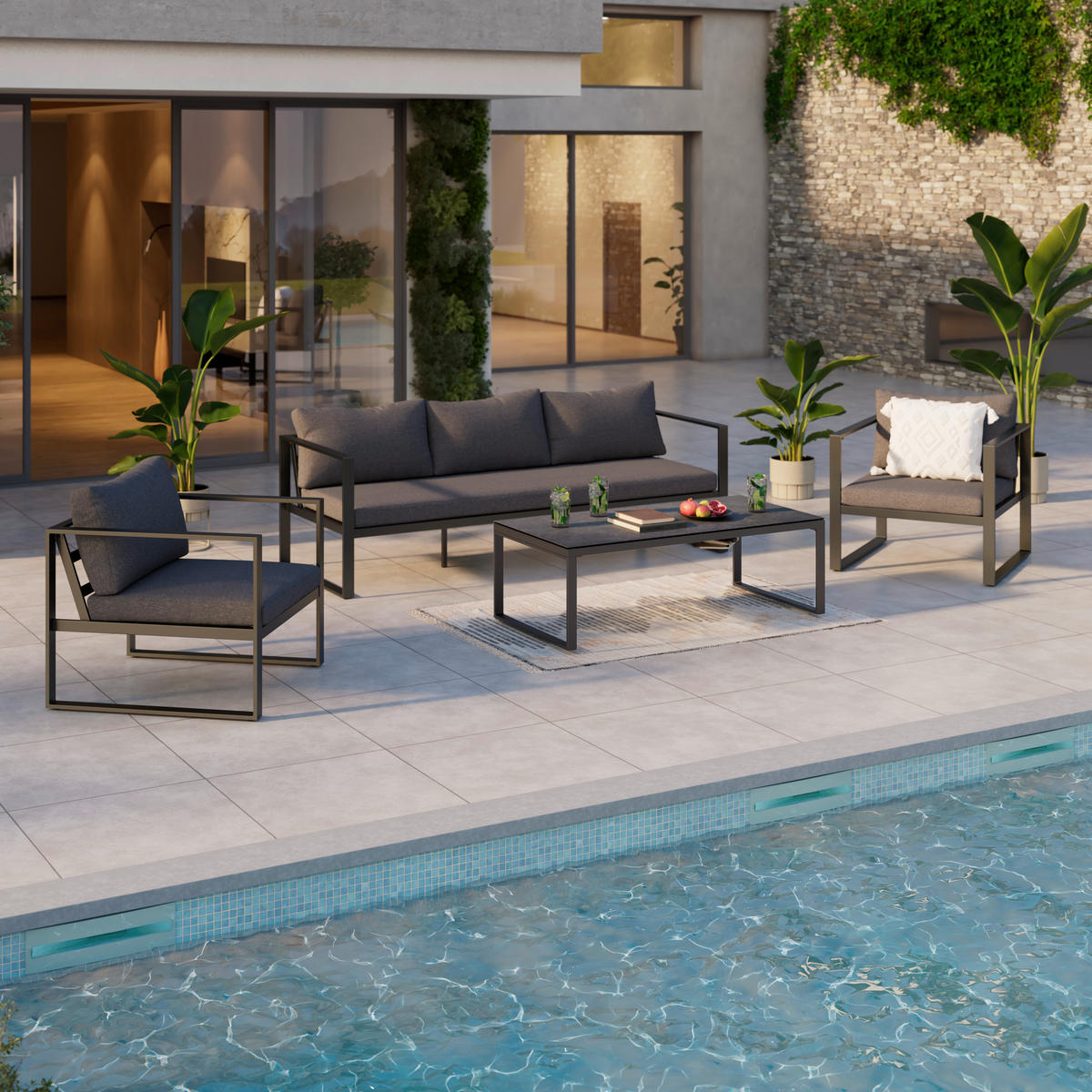 3-SITZER-SOFA  in Webstoff Anthrazit  - Anthrazit, MODERN, Textil/Metall (198/63/76cm) - Ambia Garden