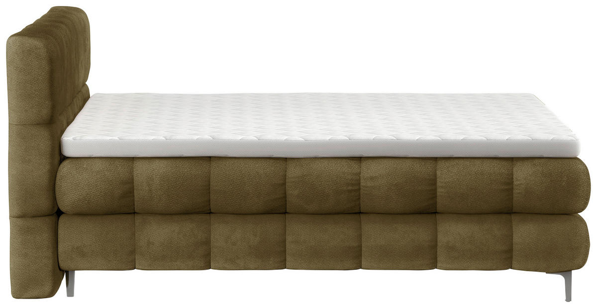 BOXBETT 160/200 cm,  in Olivgrün, gepolstertes Kopfteil, Bettkasten, Topper, H3 + H3 = fest  - Schwarz/Olivgrün, Design, Textil/Metall (160/200cm) - Ti'me