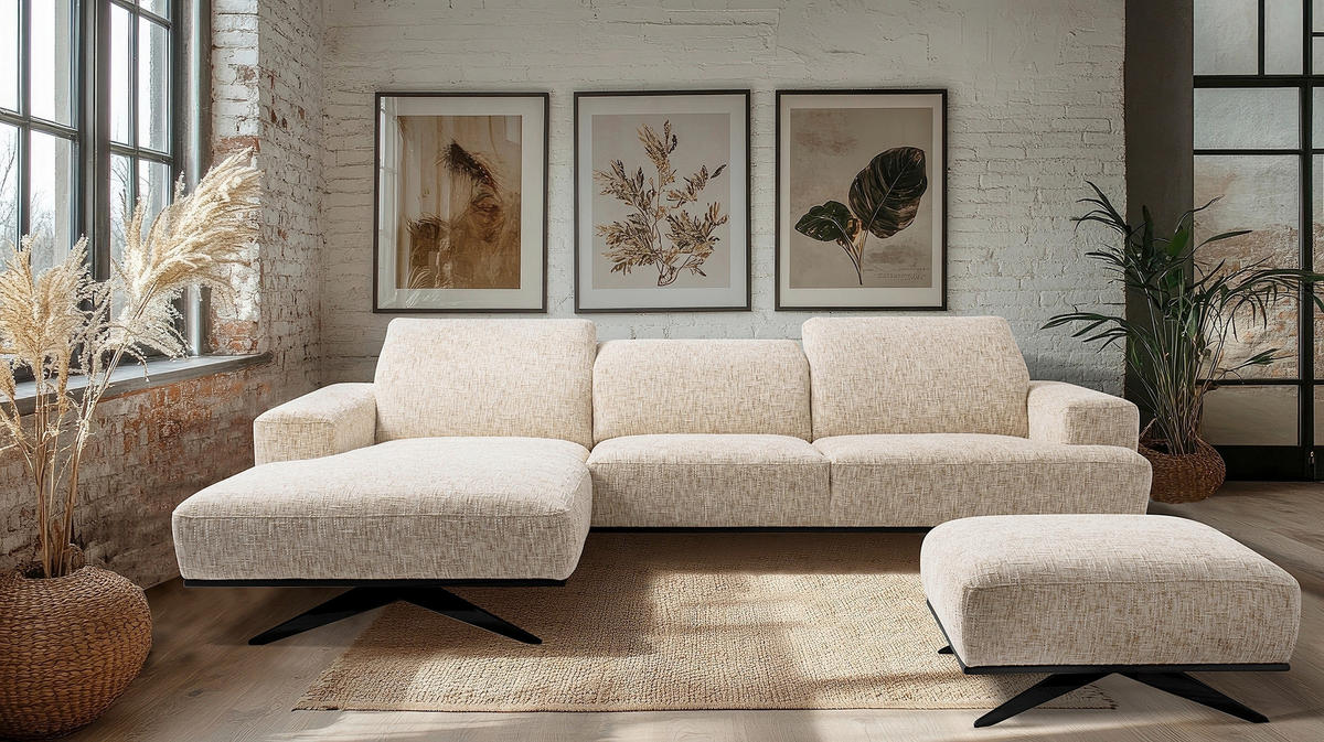 ECKSOFA PORTLAND in Struktur Beige Kopfteilverstellung  187/295 cm  - Beige/Schwarz, Design, Holz/Textil (187/295cm) - Livetastic