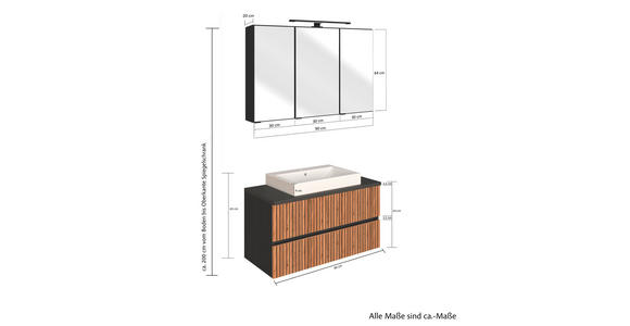 BADEZIMMER  in 90 cm  - Eiche Wotan/Graphitfarben, KONVENTIONELL, Glas/Keramik (90cm) - Xora