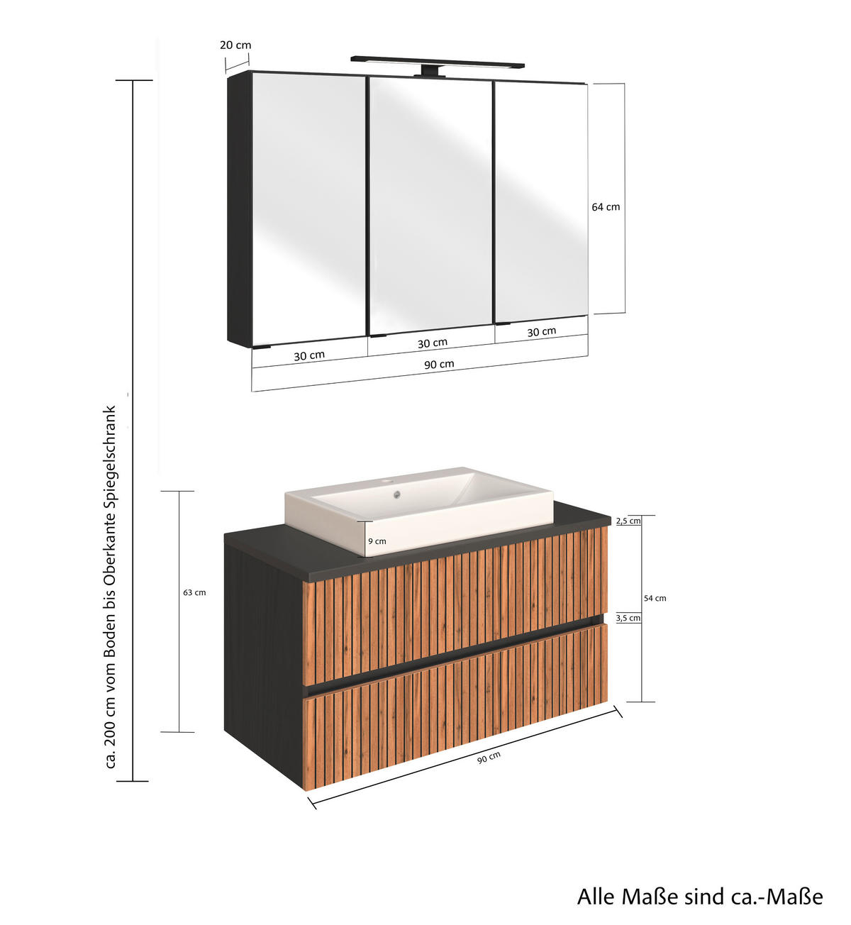 BADEZIMMER  in 90 cm  - Eiche Wotan/Graphitfarben, KONVENTIONELL, Glas/Keramik (90cm) - Xora