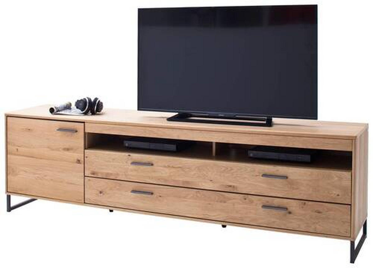 MEDIABÄNK i faner, massiv kvistek ekfärgad  - svart/ekfärgad, Design, metall/trämaterial (224/67/50cm) - Livetastic