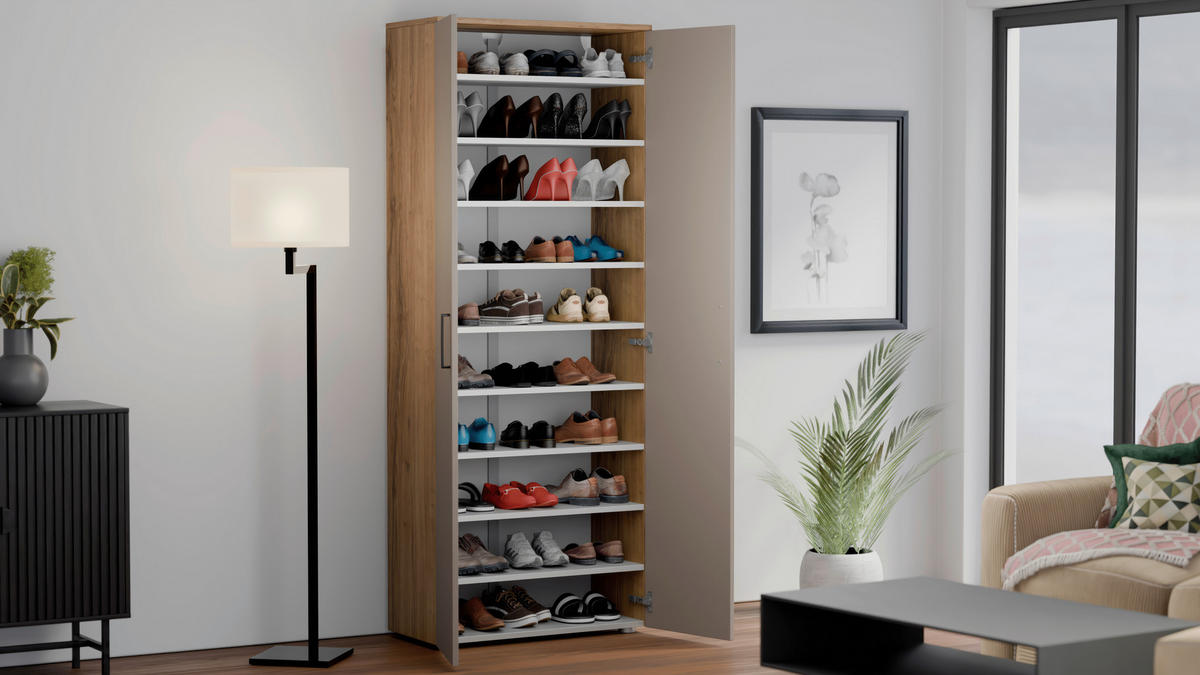 SCHUHSCHRANK  in 80/200/38 cm  - Eichefarben/Silberfarben, Basics, Holzwerkstoff/Kunststoff (80/200/38cm) - Moderano