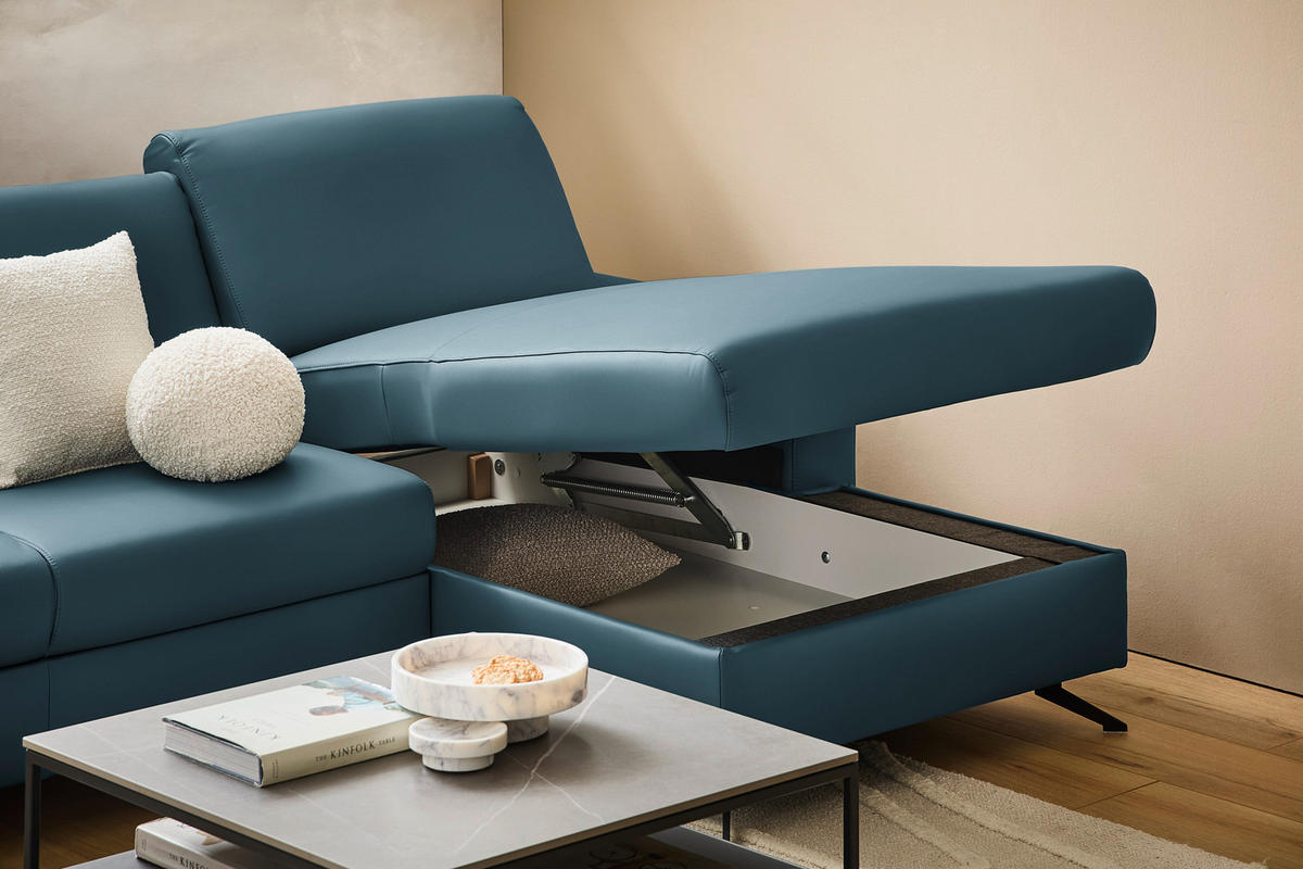 ECKSOFA in Echtleder Blau  - Blau/Schwarz, Design, Leder/Metall (267/165cm) - Lomoco