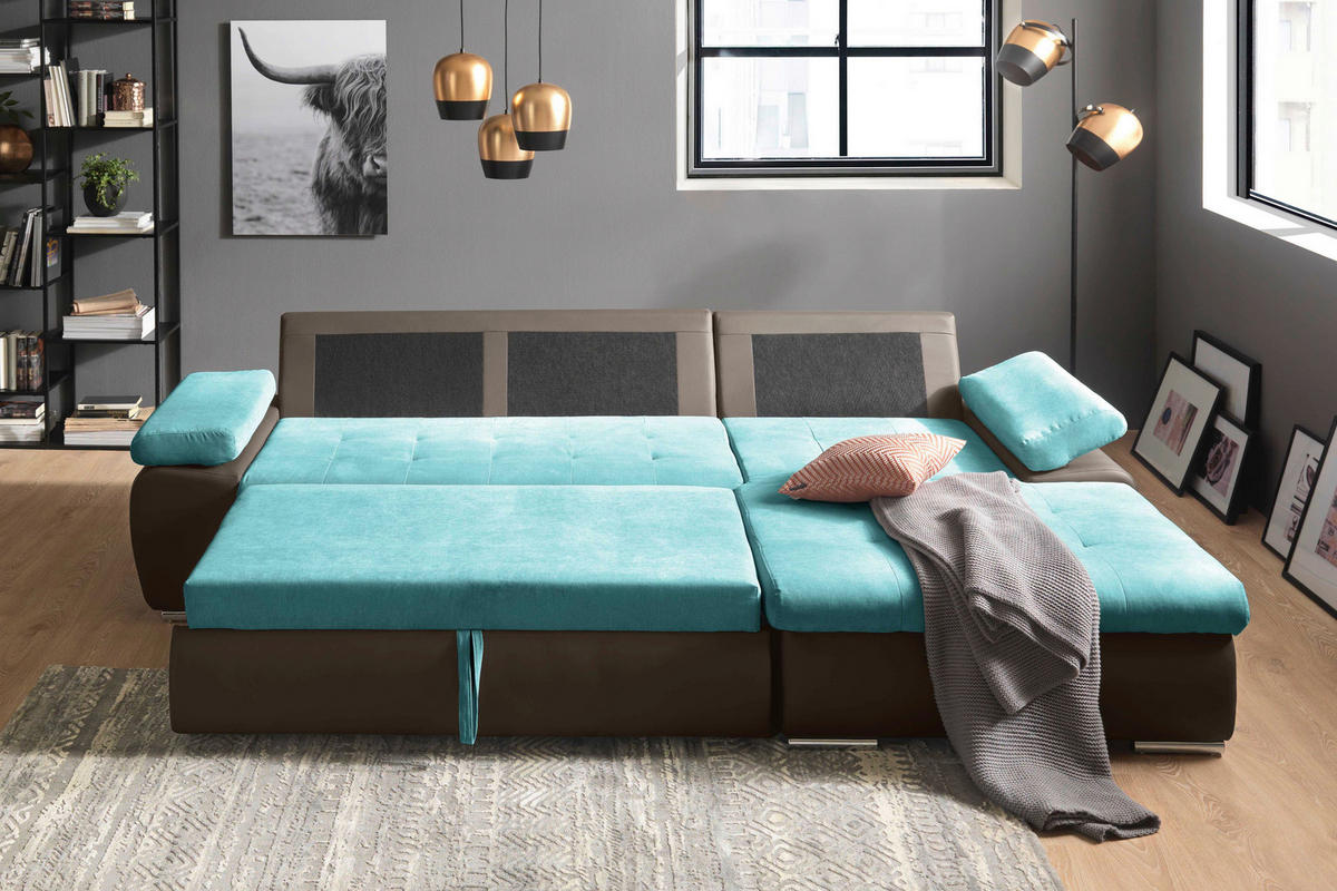 ECKSOFA Türkis, Schlammfarben Flachgewebe  - Türkis/Schlammfarben, Design, Kunststoff/Textil (271/175cm) - MID.YOU