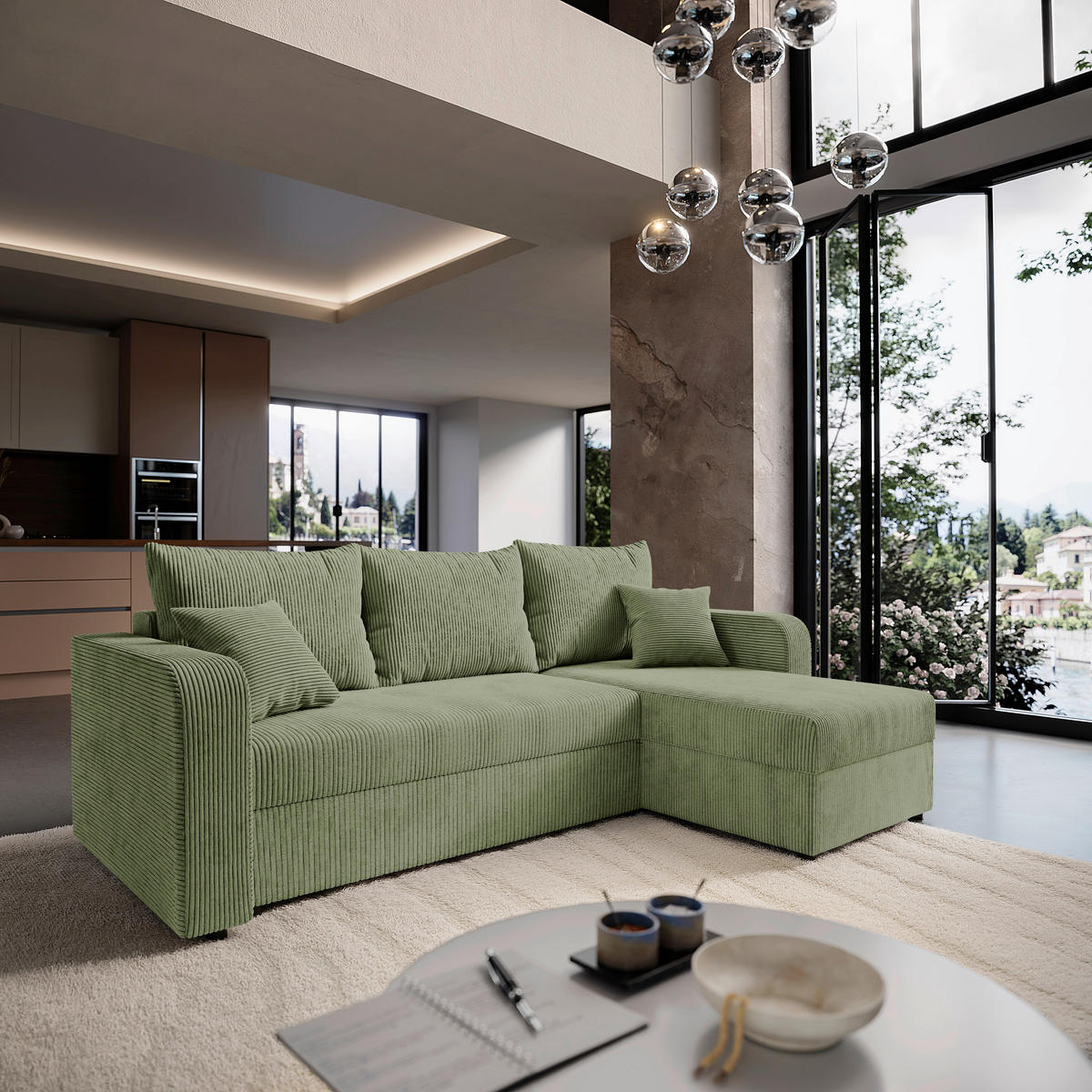 ECKSOFA Olivgrün Cord  - Schwarz/Olivgrün, KONVENTIONELL, Kunststoff/Textil (140/240cm) - Carryhome