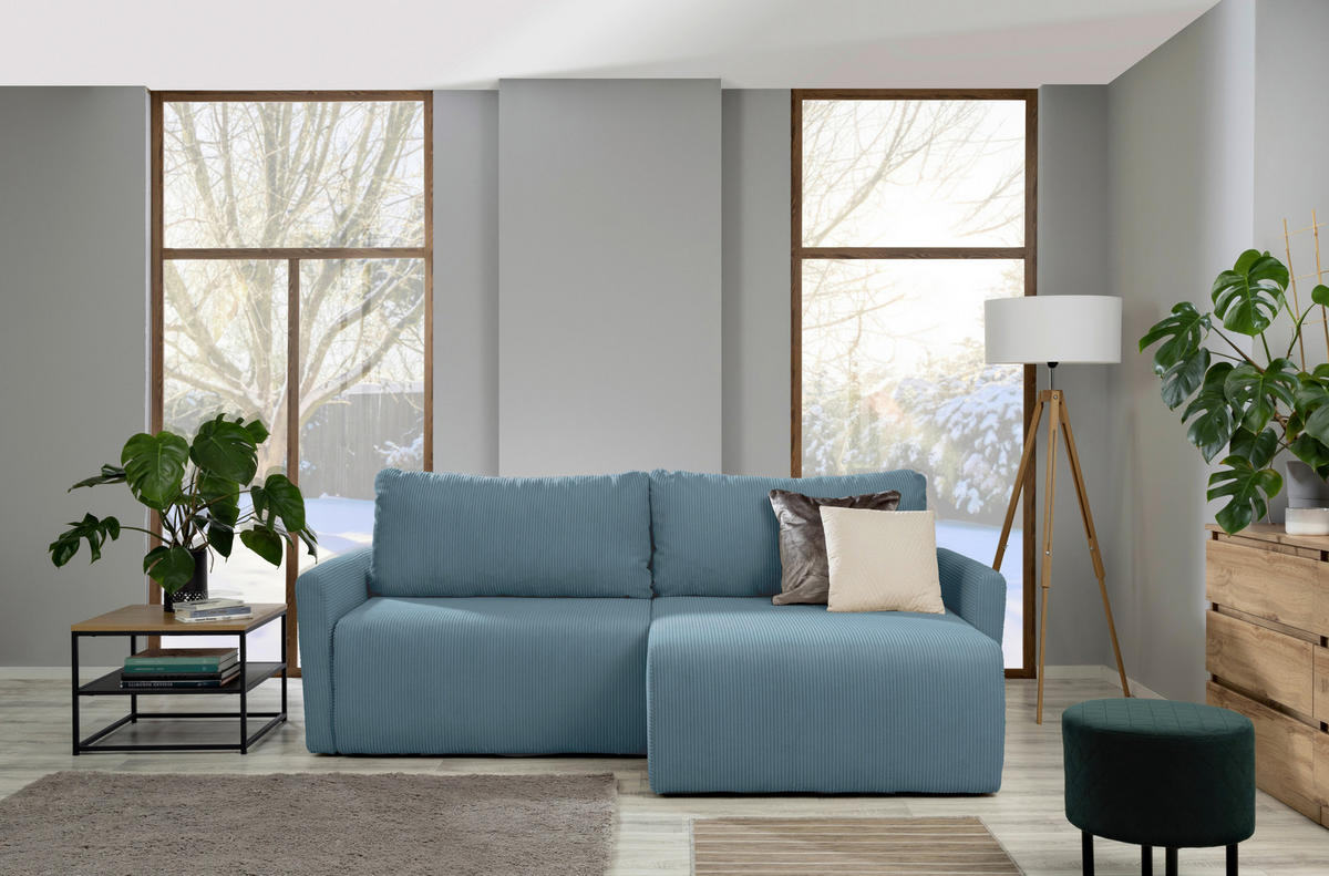 ECKSOFA in Cord Hellblau  228/146 cm  - Schwarz/Hellblau, KONVENTIONELL, Kunststoff/Textil (228/146cm) - MID.YOU