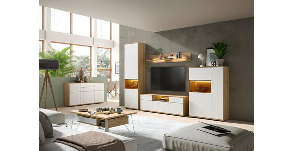 WOHNWAND  in Weiß, Eichefarben  330/215/45 cm  - Eichefarben/Schwarz, KONVENTIONELL, Glas/Holzwerkstoff (330/215/45cm) - Venda