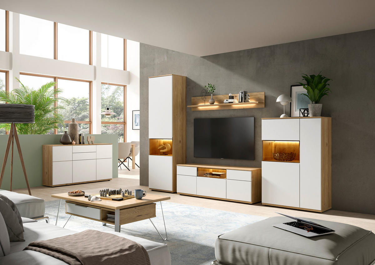 SIDEBOARD Weiß, Eichefarben  150/85/40 cm  - Eichefarben/Schwarz, KONVENTIONELL, Holzwerkstoff/Kunststoff (150/85/40cm) - Venda