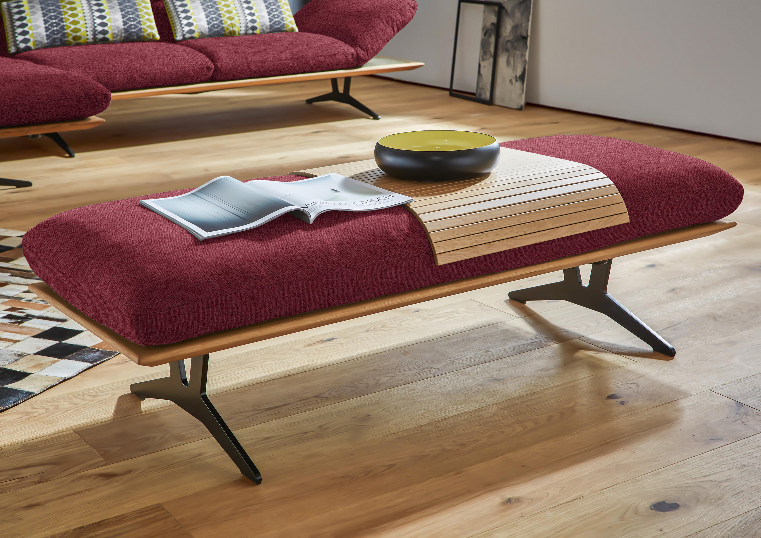 HOCKERBANK in Holz, Textil Bordeaux  - Bordeaux/Schwarz, Design, Holz/Textil (150/43/60cm) - Dieter Knoll