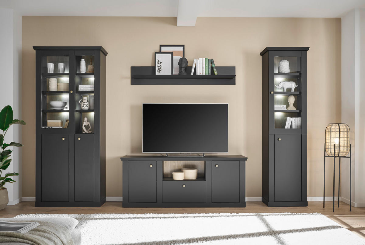 WOHNWAND 4-teilig  in Schwarz, Eichefarben  319/200/42 cm  - Eichefarben/Messingfarben, Design, Holzwerkstoff/Metall (319/200/42cm) - MID.YOU