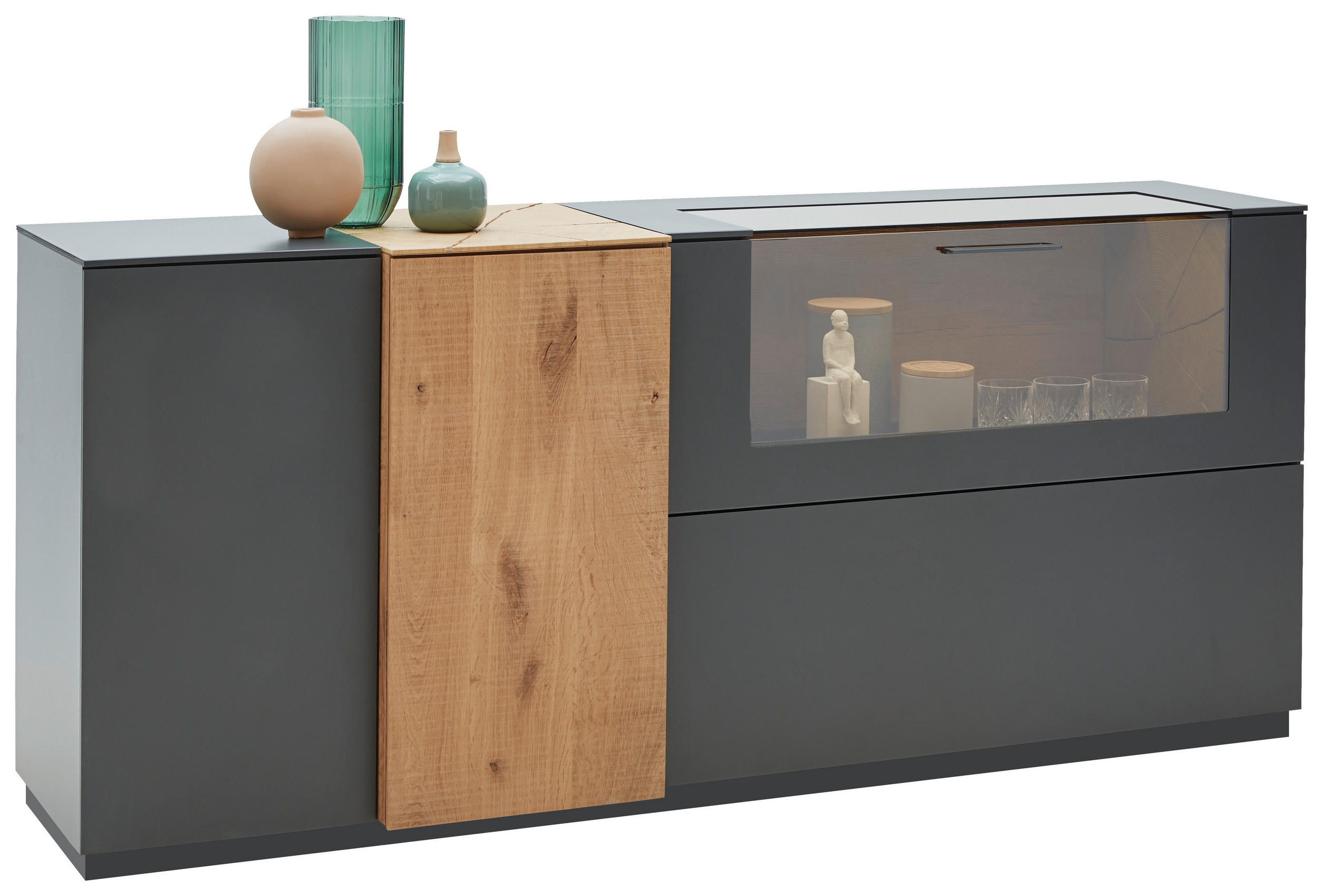 SIDEBOARD 176/81/44 cm  in Anthrazit, Eichefarben  - Eichefarben/Transparent, Natur, Glas/Holz (176/81/44cm) - Valnatura