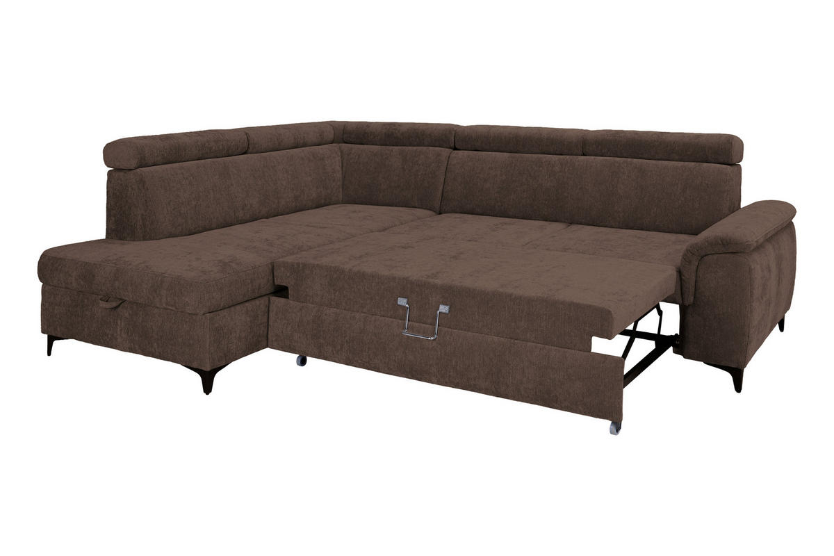 ECKSOFA Dunkelbraun Chenille Bettkasten, Schlaffunktion, Rücken echt, Kopfteilverstellung, Liegefläche im Originalstoff  - Dunkelbraun/Schwarz, KONVENTIONELL, Textil/Metall (206/265cm) - Carryhome