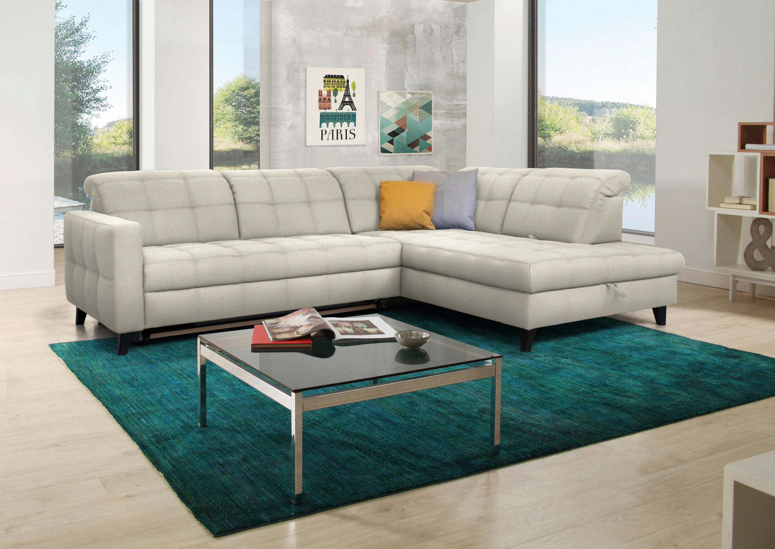 ECKSOFA in Webstoff Ecru  - Ecru/Schwarz, Design, Holz/Textil (297/216cm) - Xora