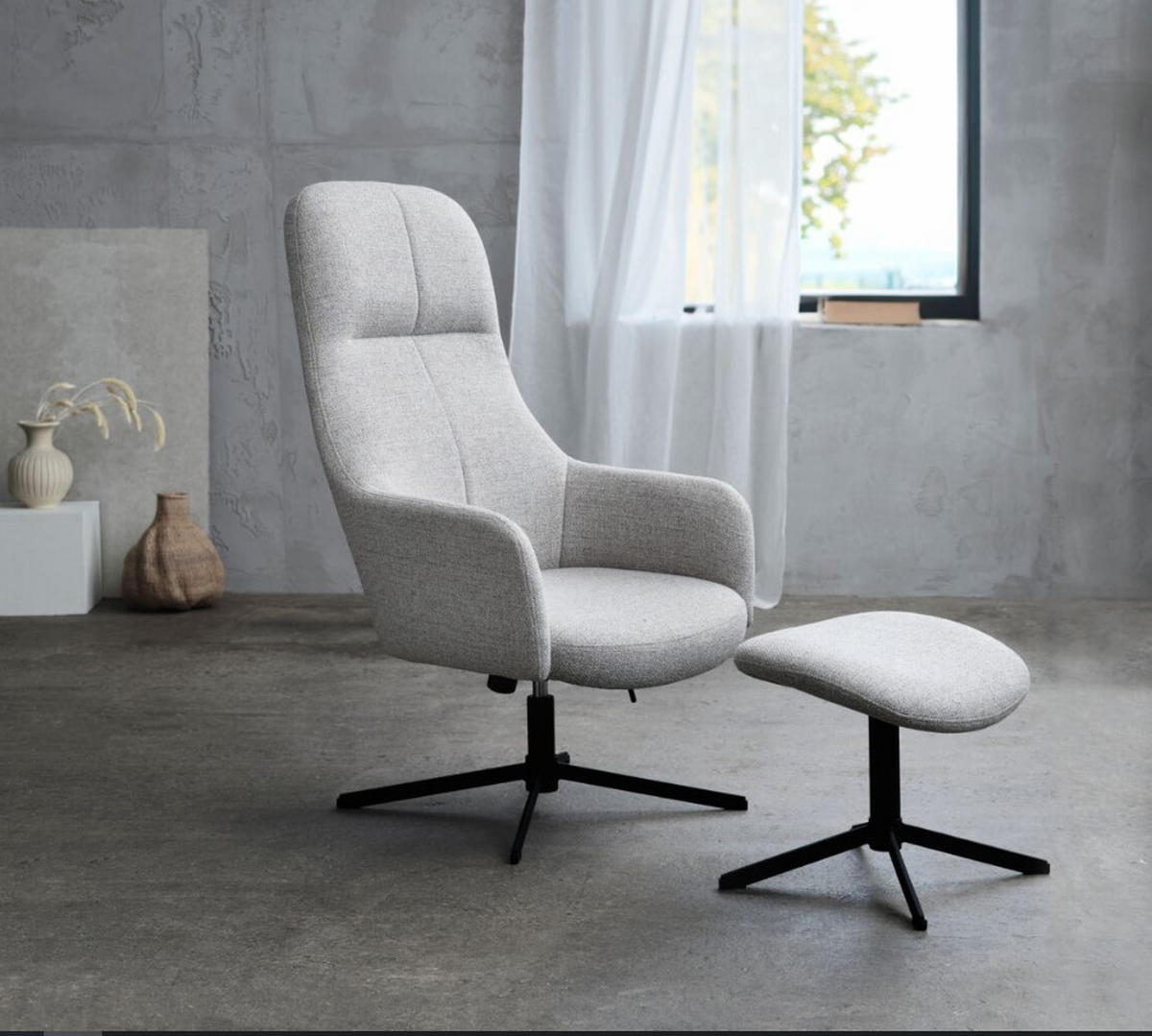 FÅTÖLJ MED FOTPALL i metall, textil svart, ljusgrå  - ljusgrå/svart, Design, metall/textil (67/116,5/78cm) - Best Price