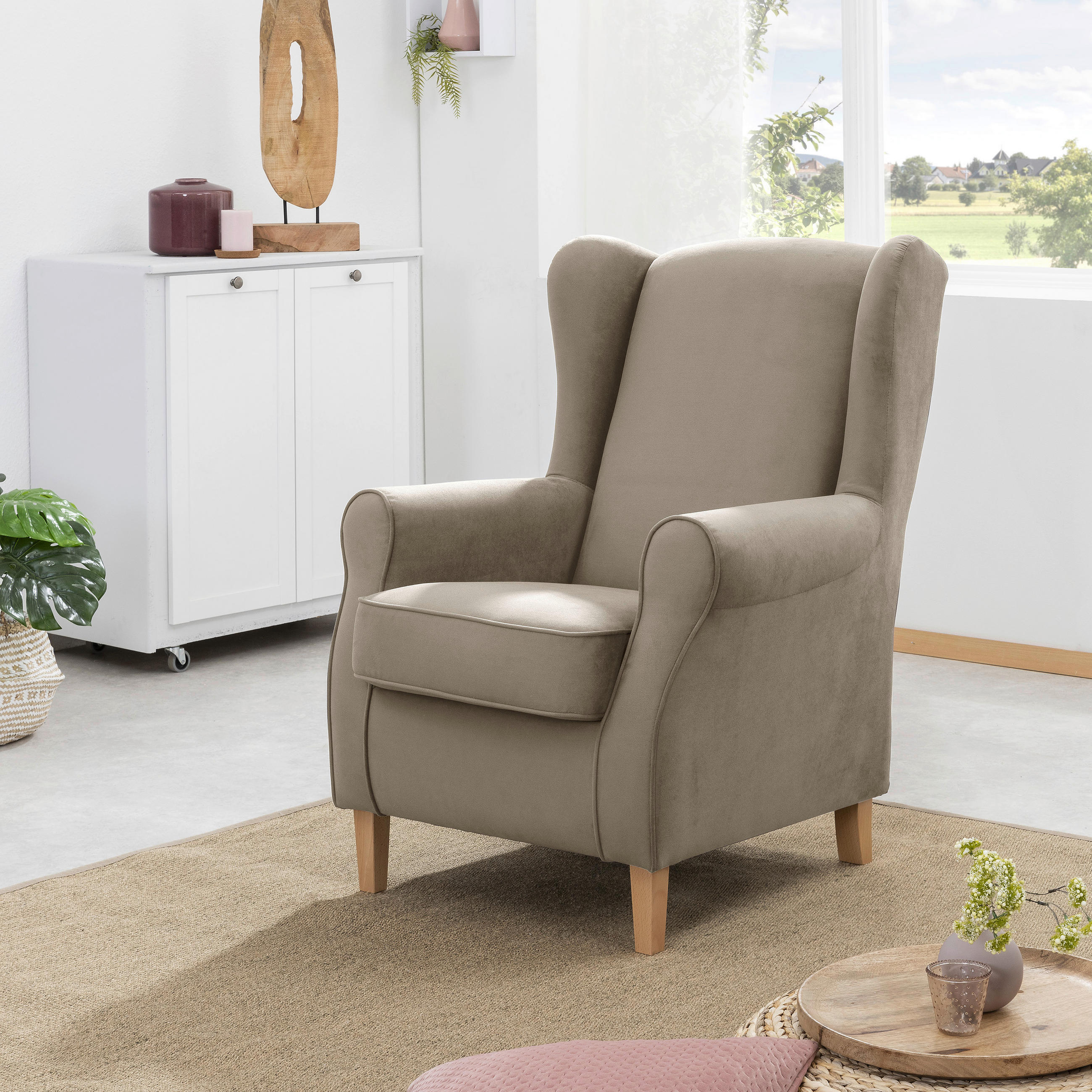 OHRENSESSEL Flachgewebe Hellbraun  - Hellbraun/Eichefarben, KONVENTIONELL, Holz/Textil (77/103/86cm) - Max Winzer