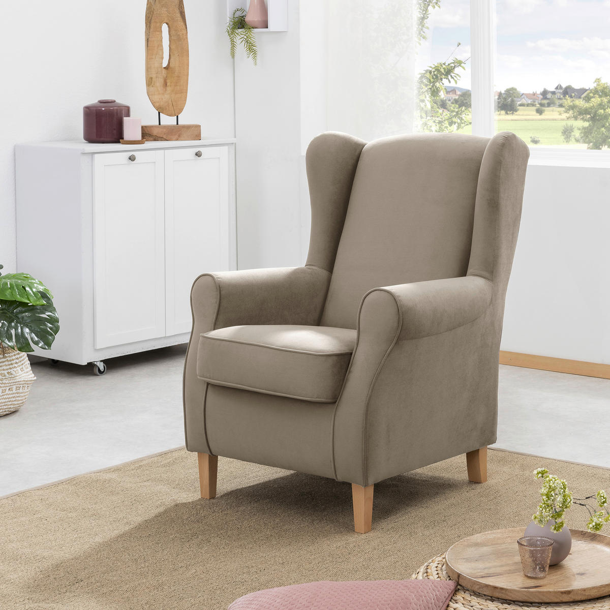 OHRENSESSEL Flachgewebe Hellbraun  - Hellbraun/Eichefarben, KONVENTIONELL, Holz/Textil (77/103/86cm) - Max Winzer