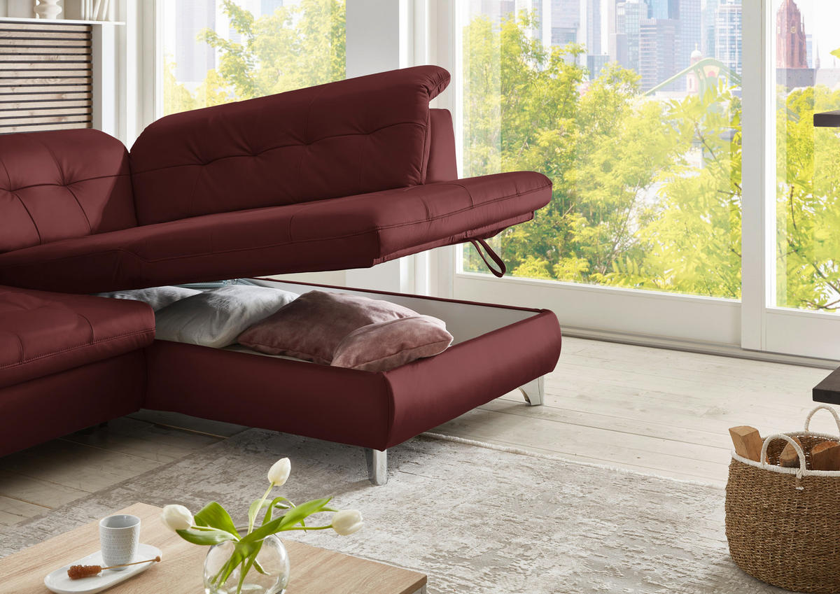 ECKSOFA in Echtleder Brombeere  309/211 cm  - Brombeere/Alufarben, Design, Leder/Metall (309/211cm) - Beldomo Speed