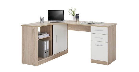 ECKSCHREIBTISCH 120/150/75 cm in Weiß, Eichefarben - Eichefarben/Alufarben, KONVENTIONELL, Holzwerkstoff/Kunststoff (120/150/75cm) - Venda