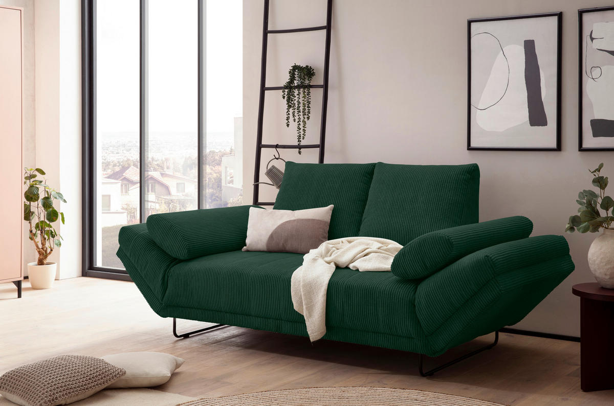 SCHLAFSOFA in Cord, Mikrofaser Dunkelgrün  - Dunkelgrün/Schwarz, Design, Textil/Metall (210/95/97cm) - MID.YOU