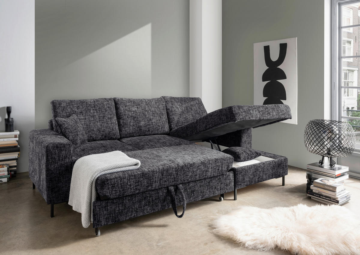 ECKSCHLAFSOFA  mit Rücken echt Struktur Schwarz  - Schwarz, KONVENTIONELL, Textil/Metall (237/143cm) - Livetastic