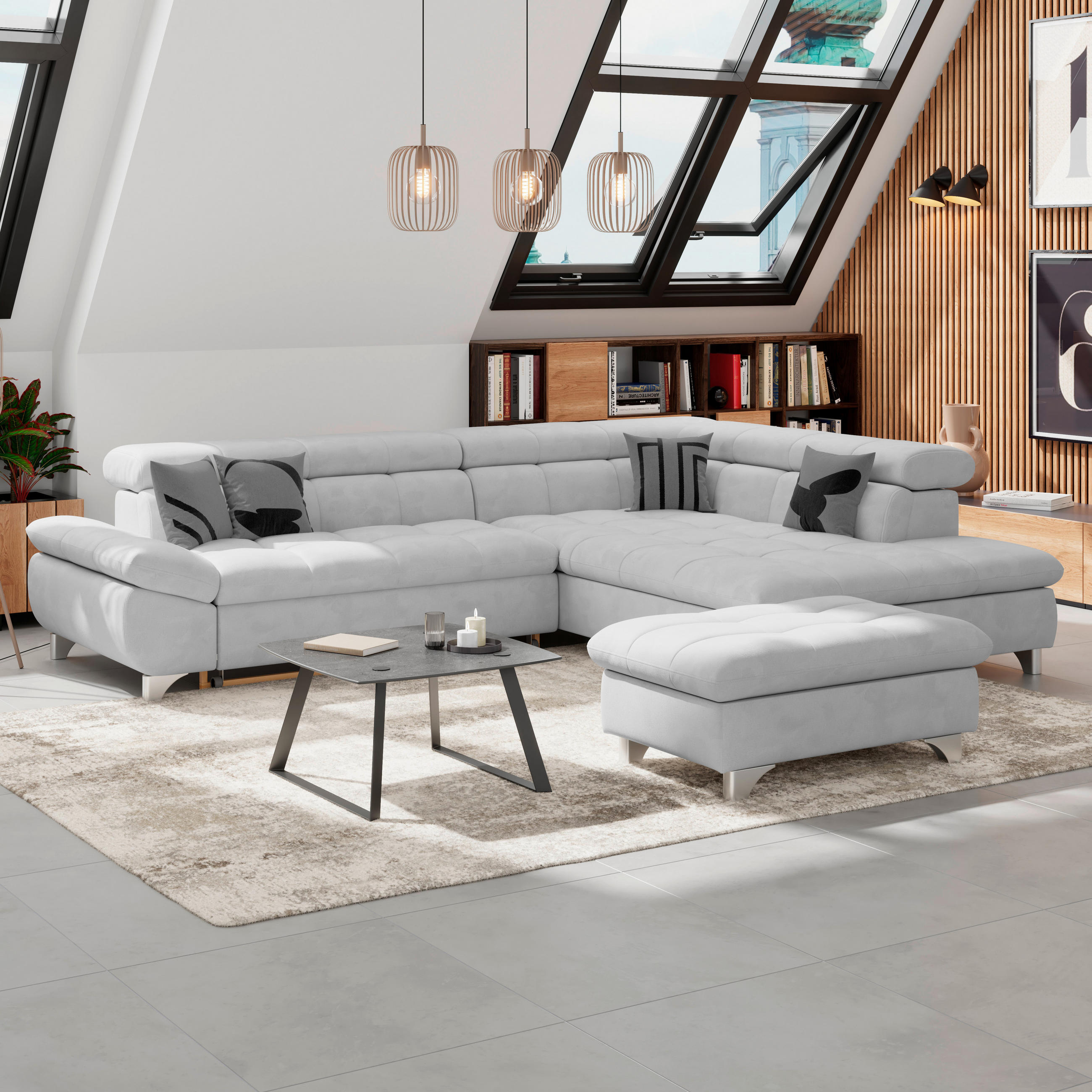 HOCKER Chenille Hellgrau  - Chromfarben/Hellgrau, KONVENTIONELL, Textil/Metall (108/46/108cm) - Livetastic