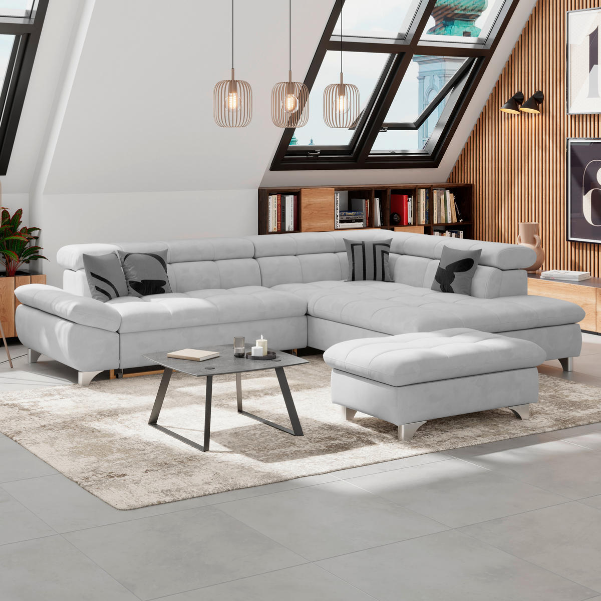 HOCKER Chenille Hellgrau  - Chromfarben/Hellgrau, KONVENTIONELL, Textil/Metall (108/46/108cm) - Livetastic