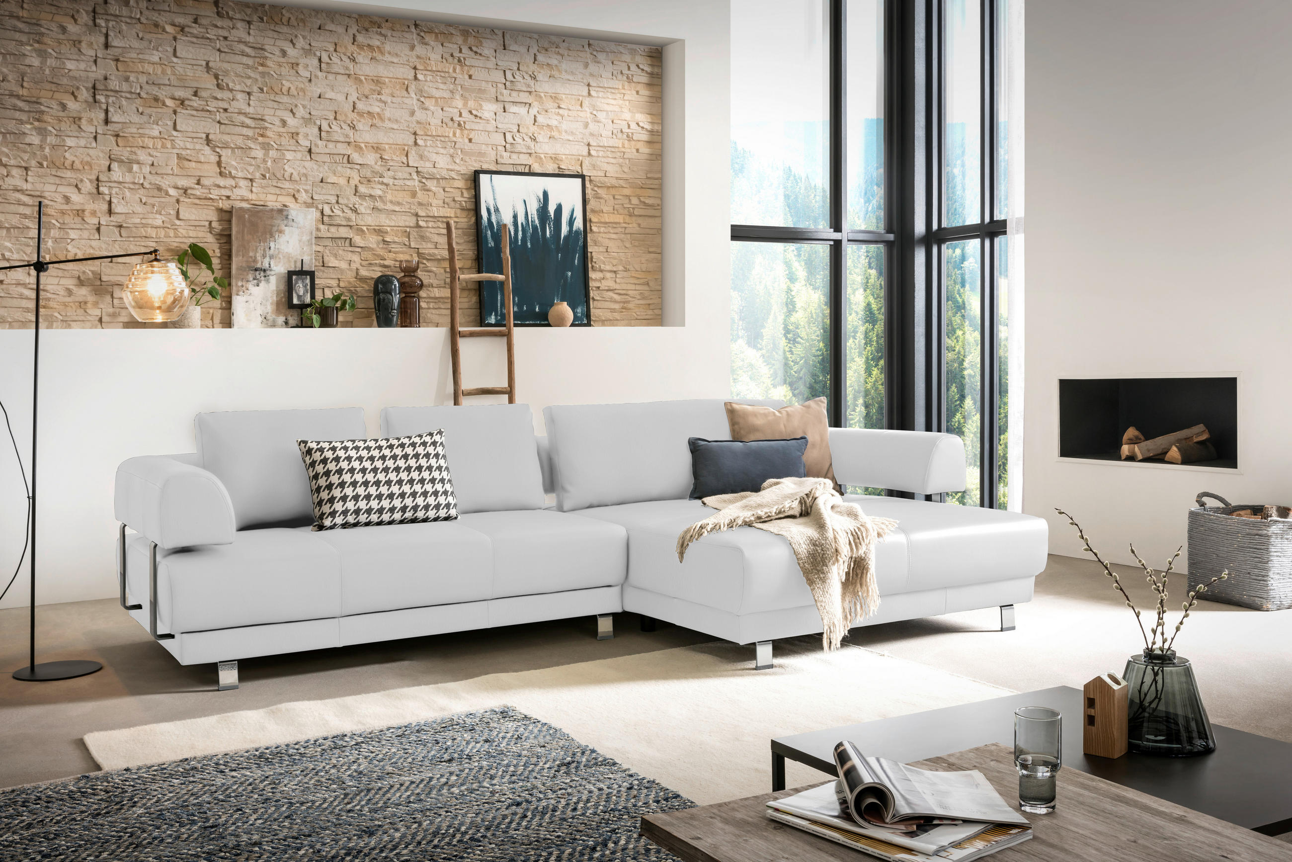 ECKSOFA Weiß Echtleder  - Weiß, Design, Leder/Metall (307/188cm)